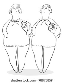two fat women in bathing suits, hats and towels in black and white