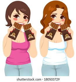 Two fat women eating two chocolate bars each like there is no tomorrow with guilt expression