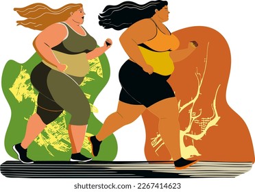 two fat women are engaged in sports jogging in nature