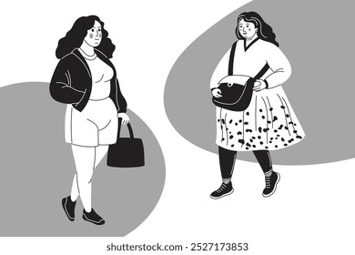 Two fat two women who met while shopping or walking. Body positive plus size cheerful female. Cartoon character. Grayscale vector illustration.