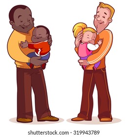 Two fathers with children in their arms. Element cards for Father's Day. Vector illustration on a white background.