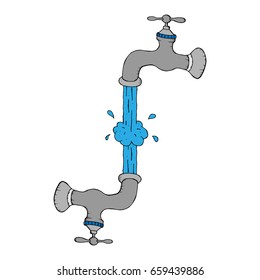 Two faucets with a single stream of water. Inverted faucet. Vector illustration water tap with cold water.
