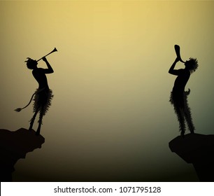  two fauns playing trumpet at the edge of the rock in the summer night, vector