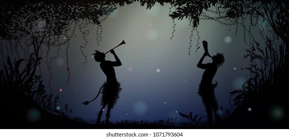 two fauns  playing trumpet in the forest in the summer night, vector