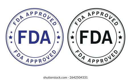 Two FDA approved circular badge labels in blue and black with bold text for product certification	
