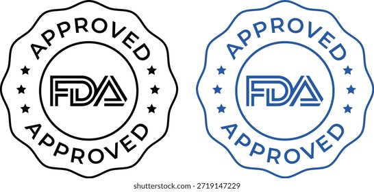 Dos sellos aprobados por la FDA, uno en negro y otro en azul, con bordes ondulados y Elementos de diseño estelados