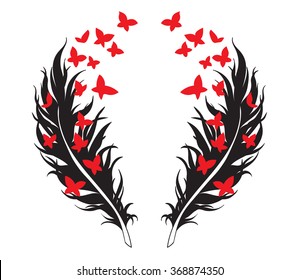 Two feather with butterflies flying off from it