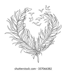 Two feathers in the shape of a heart with birds flying out of them silhouette