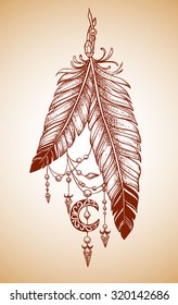 Two feathers tattoo with pendants in the form of crystals and crescent style Dotwork