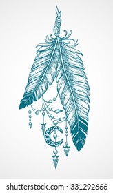 Two feathers tattoo with pendants in the form of crystals and crescent style Dotwork