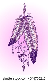 Two feathers tattoo with pendants in the form of crystals and crescent style Dotwork