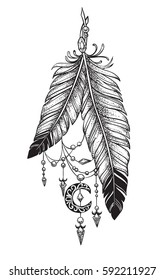 Dos plumas tatuadas con colgantes en forma de cristales y estilo de media luna Dotwork