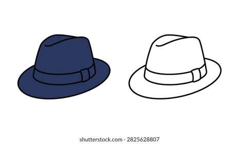 Two fedora hats are depicted, one filled with navy color and the other as a white line drawing, against a
