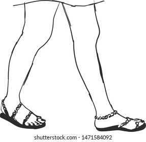 The two feet are making a step wearing a pair of slipper.