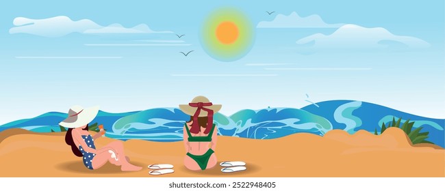 Dois Femails Relaxando na ilustração vetorial de Praia de Areia à Beira-Mar. Fundo panorâmico do oceano azul. Férias temporada viagem lazer cartoon. Fêmeas descansam na estação de verão viagem turística recreação