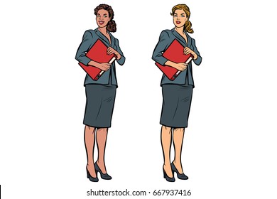 Two female accountant African American and Caucasian. Business woman. Pop art retro vector illustration