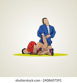 Two female athletes in red and blue kimono in sambo wrestling. Vector illustration.