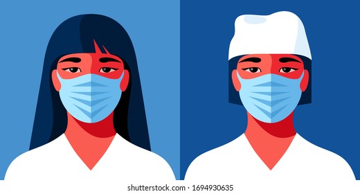 Two female avatars. Asian woman as doctor or nurse. Female characters in medical uniform and face masks. Coronavirus epidemic. Vector illustration