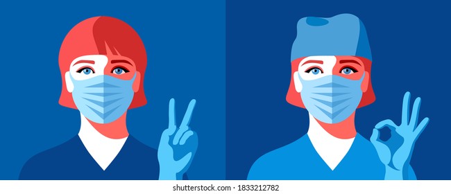 Two female avatars, coronavirus pandemic concept. Woman as doctor or nurse. Female characters in medical uniform, face masks and gloves, showing victory and ok signs. Vector illustration