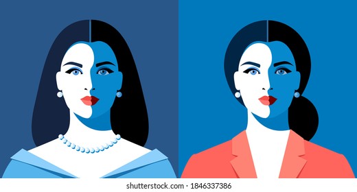 Two female avatars with different hairstyles and clothes. Woman in blue evening dress and necklace. Woman in red office jacket. Vector illustration