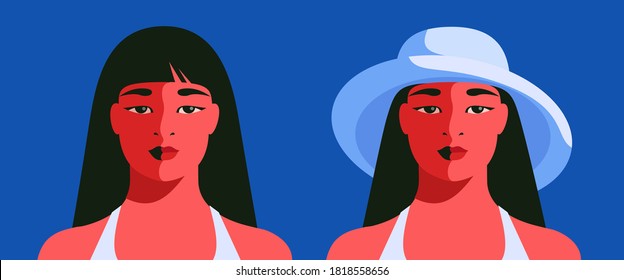 Two female avatars. Full face portraits of modern Asian girls, with long hair, with and without hat. Vector illustration