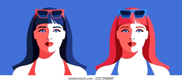 Two female avatars, full face. Beautiful young woman with long hair, in summer holiday dress and sunglasses. Vector illustration