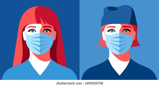 Two female avatars. Woman as doctor or nurse. Female characters in medical uniform and face masks. Coronavirus epidemic. Vector illustration