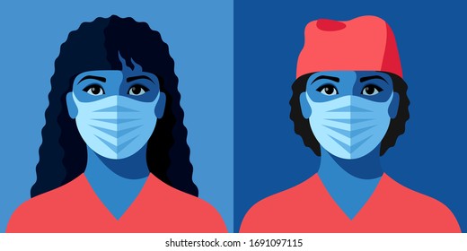 Two female avatars. Woman as doctor or nurse. Female characters in medical uniform and face masks. Coronavirus epidemic. Vector illustration