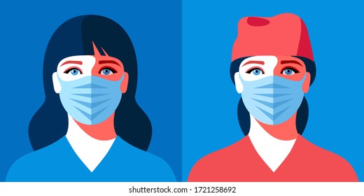 Two female avatars. Woman as doctor or nurse. Female characters in medical uniform and face masks. Coronavirus epidemic. Vector illustration