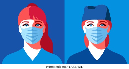 Two female avatars. Woman as doctor or nurse. Female characters in medical uniform and face masks. Coronavirus epidemic. Vector illustration