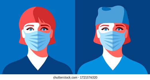 Two female avatars. Woman as doctor or nurse. Female characters in medical uniform and face masks. Coronavirus epidemic. Vector illustration