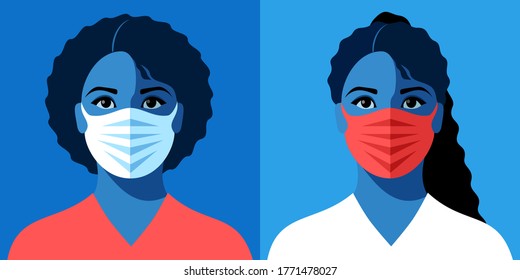 Two female avatars. Young african woman in medical face mask. Concept of coronavirus quarantine. Vector illustration