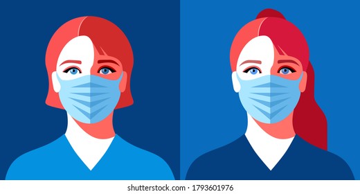 Two female avatars. Young woman in medical face mask. Concept of coronavirus quarantine. Vector illustration