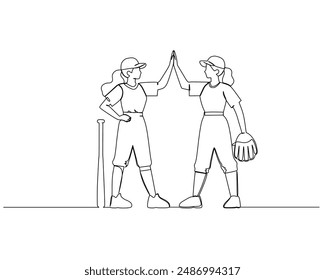 Two female Baseball players high five. Outdoor sport game equipment. Realistic baseball bat Trendy continuous line drawing graphic design, vector illustration for baseball