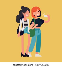 Two female best friends having great time together. Two cheerful adult girls standing taking selfie with smartphone. Girl friendship flat vector illustration with two female characters holding hands