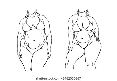 two female body positive  figures plus size curvy models drawing line art   vector illustration