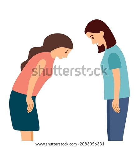 Two female bowing head and greeting. Thankful or respect expression. Asian as Korean or Japanese polite greeting.