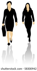 Two Female Business People On White Background Energic Walking Forwards And One Holding A Briefcase.