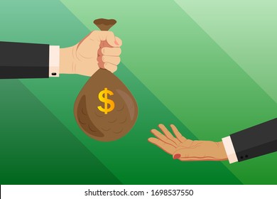 Two female, businesswoman hands in business suits. One hand holds out, gives and lends a bag of money, dollars. The second hand gesture asks for money. Deposits, loans, finance and banking. Vector