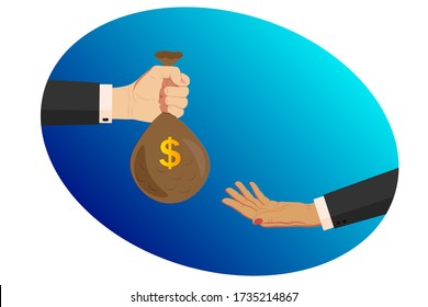 Two female, businesswoman hands in business suits. One hand holds out, gives and lends a bag of money, dollars. The second hand gesture asks for money. 