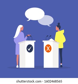 Two female candidates arguing at the debates, public speech, political campaign