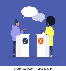 Two female candidates arguing at the debates, public speech, political campaign