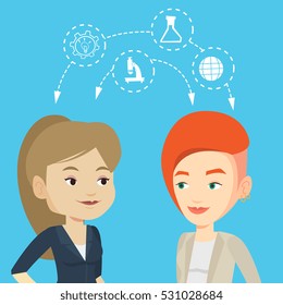 Two female caucasian students sharing with the ideas during brainstorming. Young happy students brainstorming. Concept of brainstorming in education. Vector flat design illustration. Square layout.