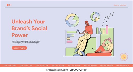 Two Female Characters Analyzing Charts with Laptops. Data Statistics, Business Progress and Growth Strategy. Flat Vector Illustration for Web Banner, Business Page, Online Marketing.