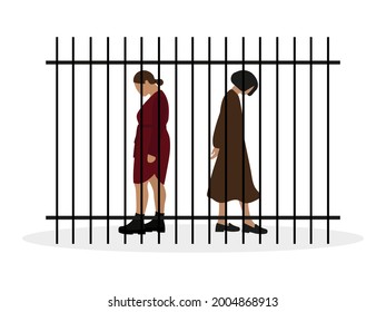Two female characters behind an iron fence on a white background