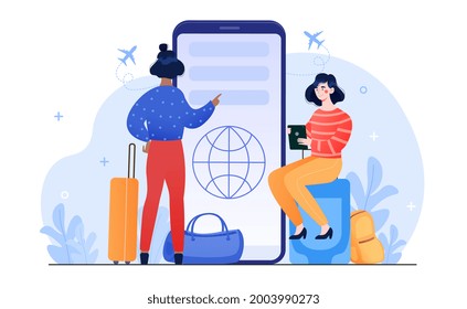 Two female characters are booking trip on smartphone together. Women with luggage book travel on smartphone. Trip planning. Concept of online reservation of tickets. Flat cartoon vector illustration