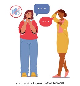 Two Female Characters Communicate Using Sign Language. Scene Emphasizes Silent Communication In Inclusive Environment, Promoting Awareness Of The Deaf Community. Cartoon People Vector Illustration