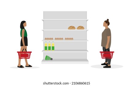 Two female characters with empty grocery baskets in their hands stand near a shelf with food on a white background