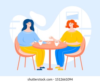 Two female characters having a conversation and sitting behind the table. Vector illustration of two happy young women.