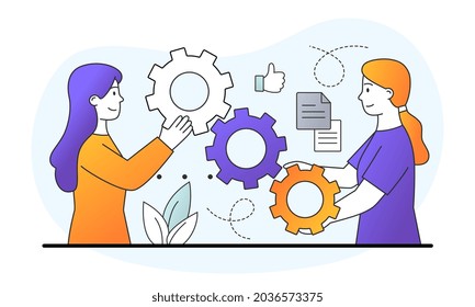 Two female characters are linking gear mechanism together on white background. Concept of business mechanism with gears. Business promotion, strategy analysis. Flat cartoon vector illustration